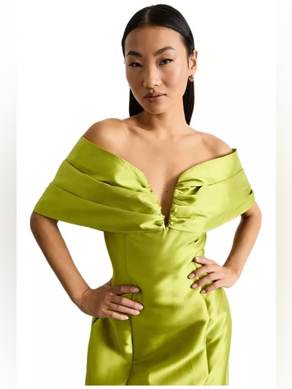 Warehouse NWT Chartreuse Satin Bow Bardot Midi Dress US 10